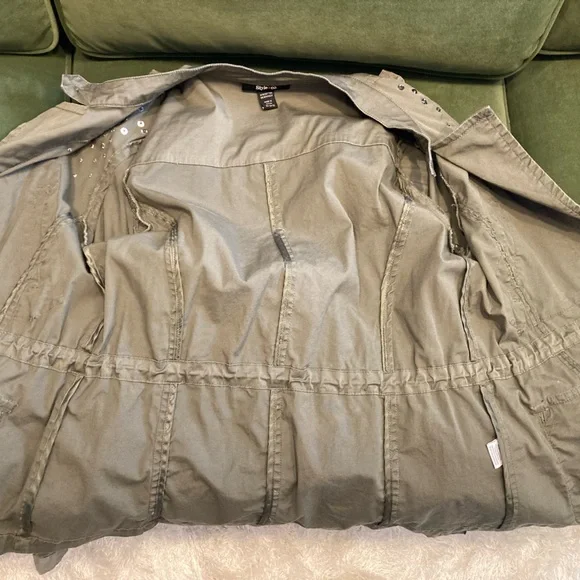 Style & Co. Olive Green Utility Jacket with Rhinestone Accents Military - Picture 5 of 11
